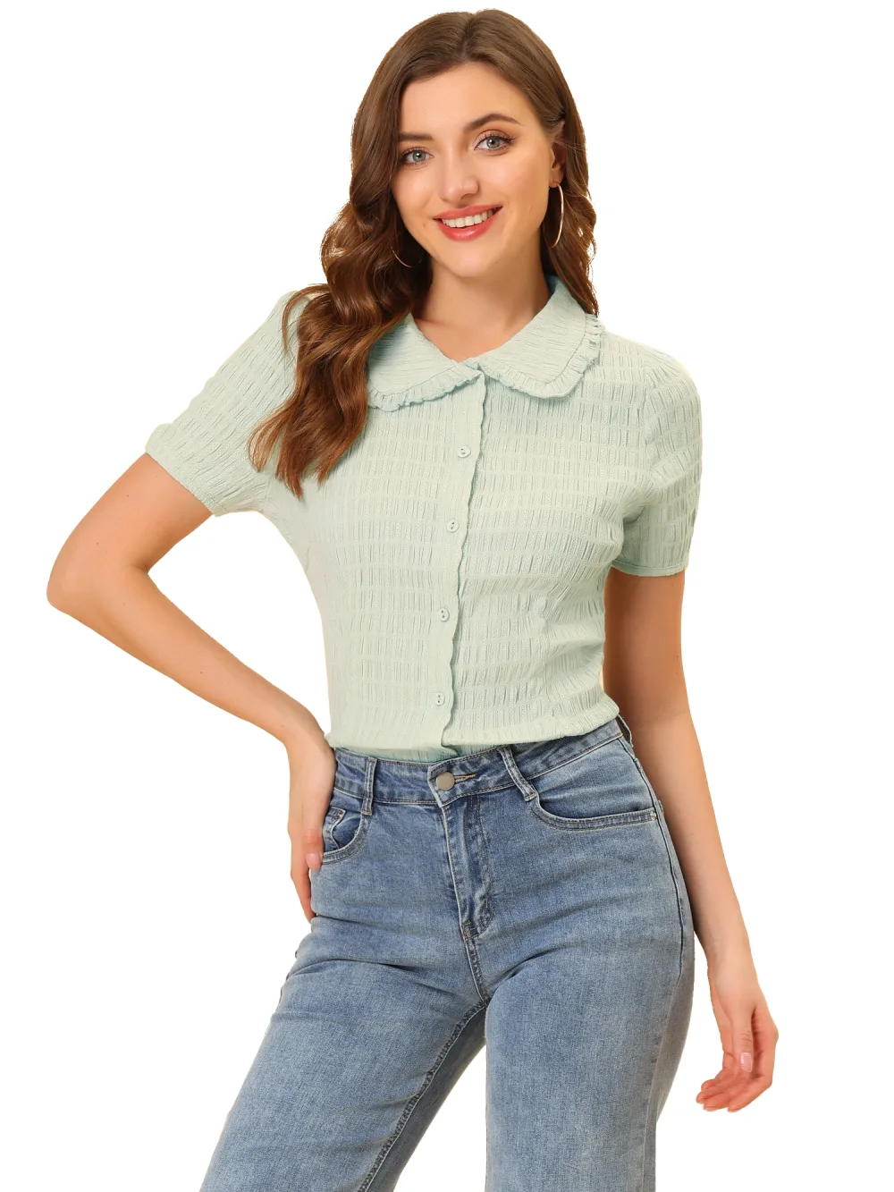 Allegra K- Vintage Sweet Doll Collar Button Down Shirt