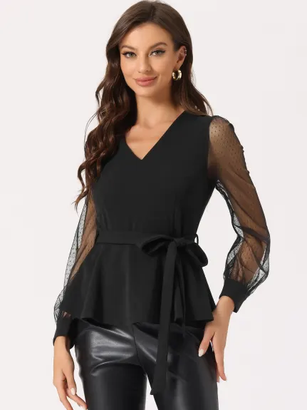 Allegra K - Mesh Long Sleeve Peplum Top with Belt