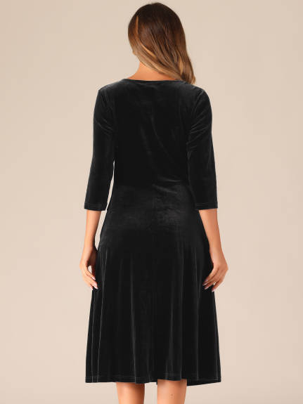 Allegra K - Velvet Crew Neck A Line Midi Dress