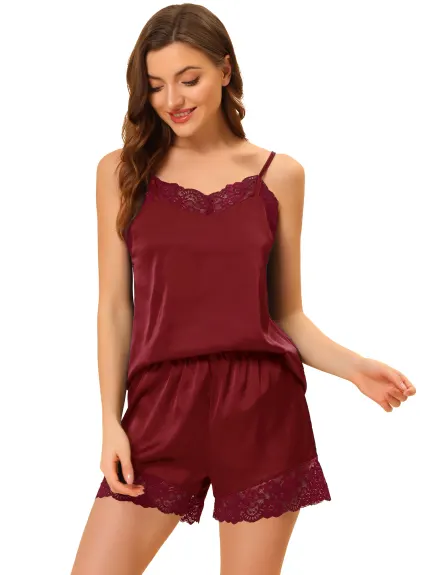 Allegra K - Satin Lace Cami Tops Lounge Sets