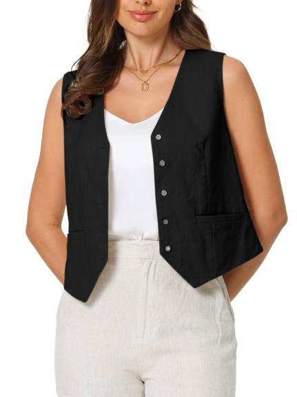 Hobemty- Linen Vest Sleeveless Button Down Waistcoat