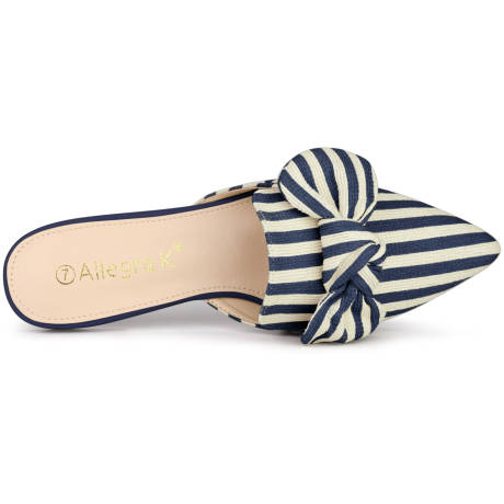 Allegra K - Pointed Toe Slip-on Striped Bow Flat Mules