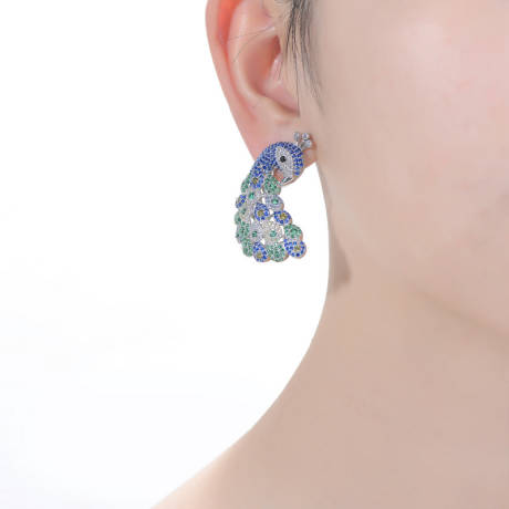 Genevive Sterling Silver White Gold Plated with Multi-Colored Cubic Zirconia Peacock Stud Earrings