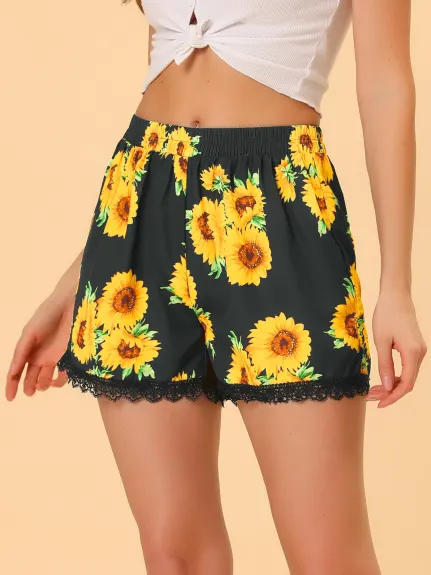 Allegra K - Summer Floral Printed Lace Trim Beach Shorts