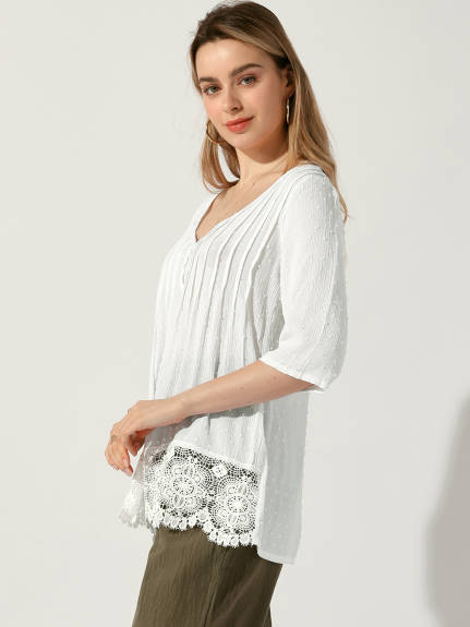 Allegra K - Lace V Neck Summer Lace Hem Top