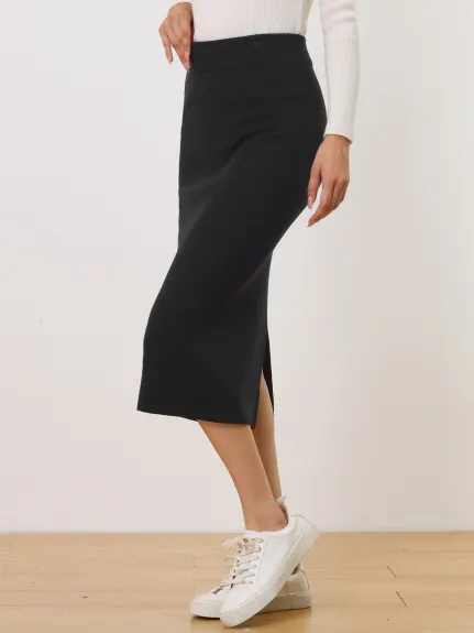 Allegra K - Stretchy Rib Knit Slit Pencil Skirt