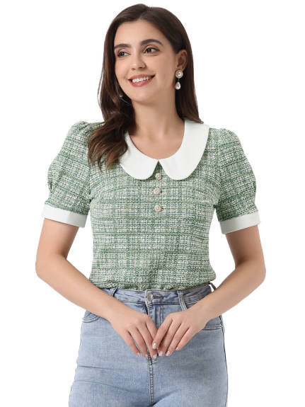 Allegra K- Peter Pan Collar Tweed Blouse