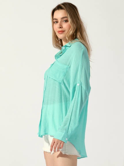 Allegra K - Oversized Lightweight Long Sleeve Boyfriend Shirt