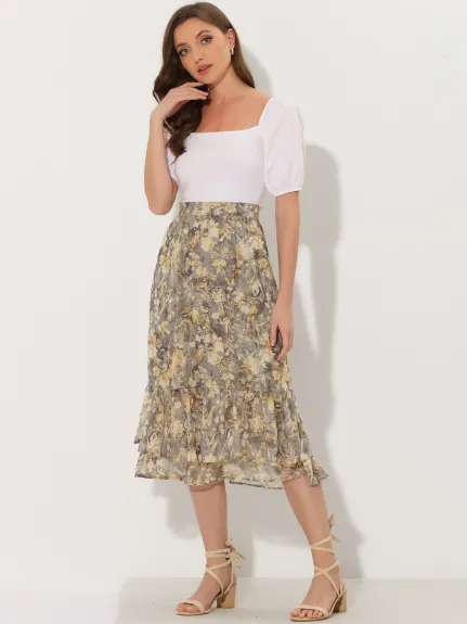 Allegra K- Printed Chiffon Ruffle Tiered Zipper Midi Skirt