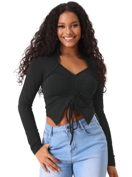 Allegra K - Ruched V Neck Drawstring Crop Top