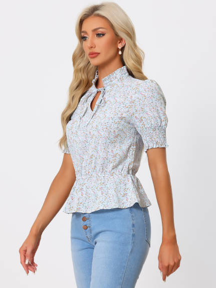 Allegra K - Ruffled Neck Summer Floral Peplum Top