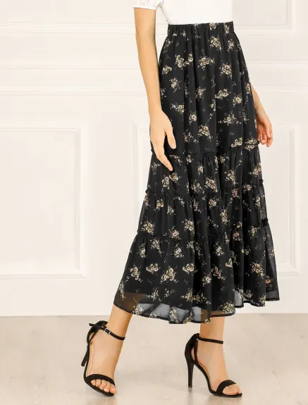 Allegra K- Floral Tiered A-Line Long Chiffon Skirt