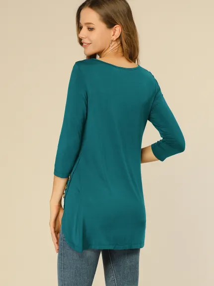 Allegra K- 3/4 Sleeve Tunic Asymmetry Button Top