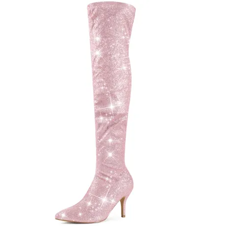 Allegra K - Glitter Pointed Toe Stiletto Heels Over the Knee Boots