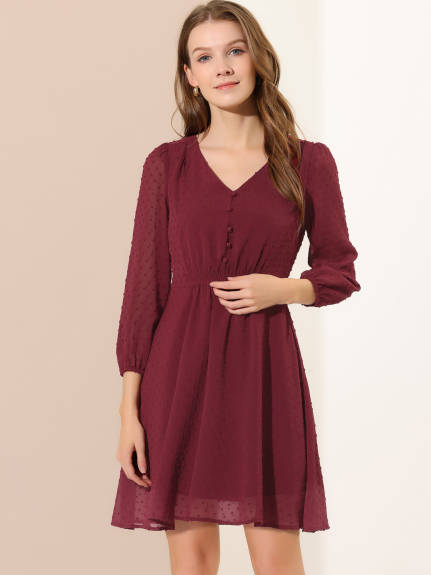 Allegra K- Swiss Dots 3/4 Sleeve A-line Chiffon Dress