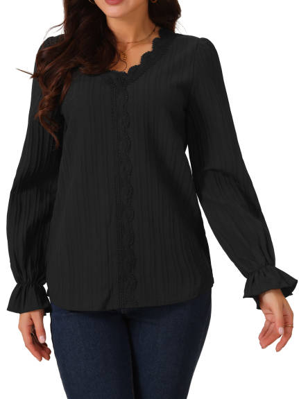 Allegra K - Lace V Neck Lantern Sleeve Casual Top