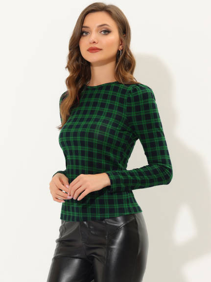 Allegra K- Puff Sleeve Knit Plaid Pullover Top