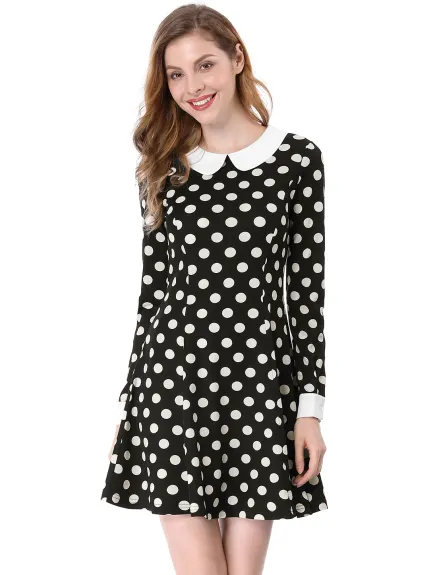 Allegra K- Peter Pan Collar Long Sleeve Above Knee A-Line Dress