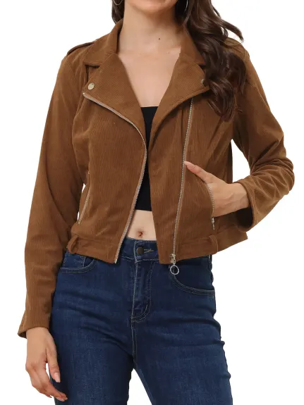 Allegra K- Corduroy Notched Lapel Zipper Jacket