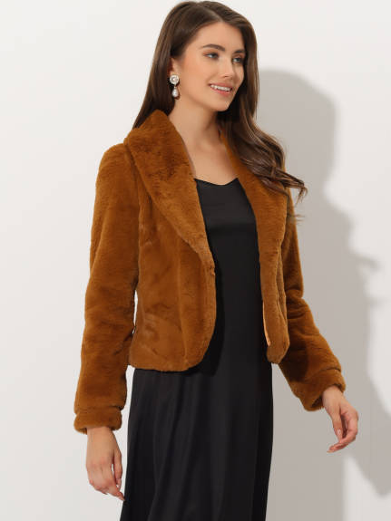 Allegra K- Cropped Jacket Lapel Long Sleeve Faux Fur Fluffy Coat