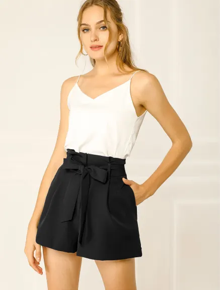 Allegra K- Bow Belt High Paper Bag Waist Shorts