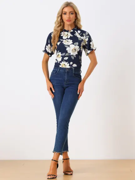 Allegra K- Floral Short Sleeve Ruffle Neck Blouse