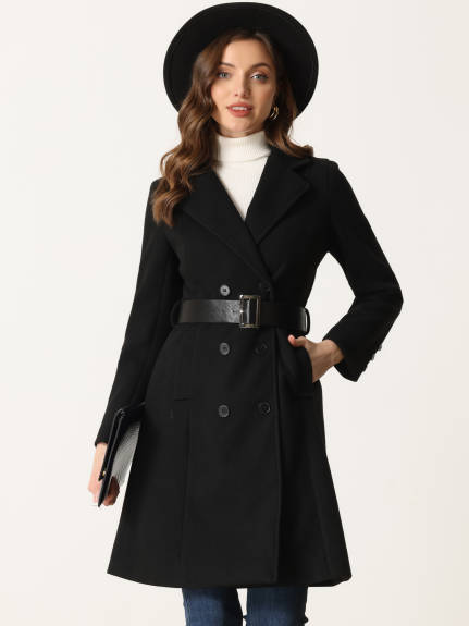 Allegra K - Winter Belted Double Breasted Long Coat