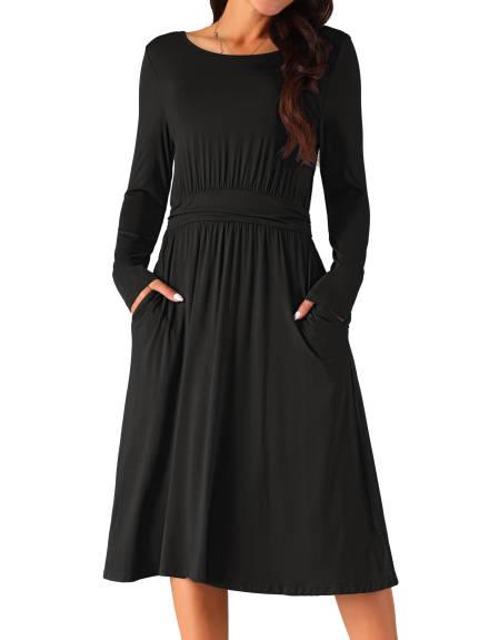 Allegra K - Long Sleeve Crewneck Midi Dress with Pockets