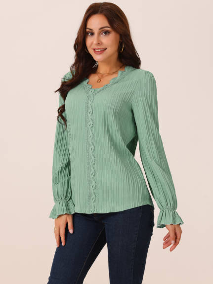 Allegra K - Lace V Neck Lantern Sleeve Casual Top