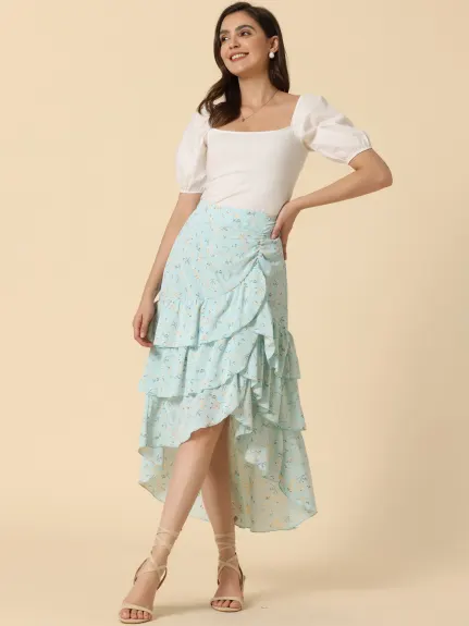 Allegra K- High Low Ruffle Hem Floral Tiered Skirt