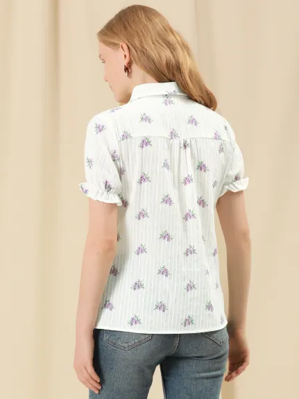 Allegra K - Frilled Short Sleeve Floral Cotton Shirt