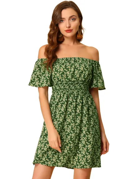 Allegra K- Ditsy Floral Off Shoulder A-Line Smocked Dress