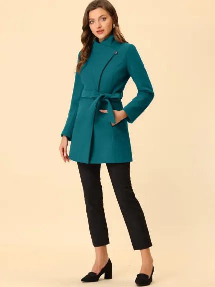 Allegra K- Classic Stand Collar Belted Long Coat