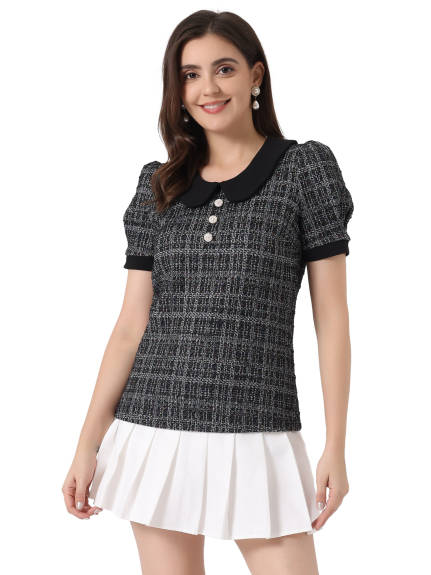 Allegra K- Peter Pan Collar Tweed Blouse