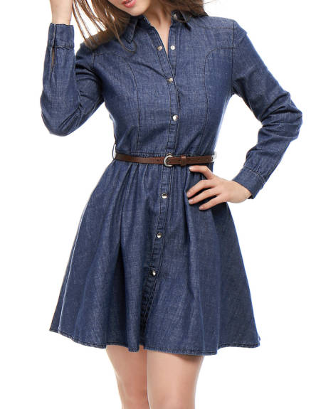 Allegra K- Long Sleeve Above Knee Denim Shirt Dress with Belt