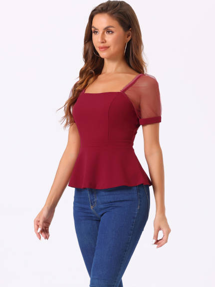 Allegra K - Square Neck Mesh Sheer Sleeve Peplum Top