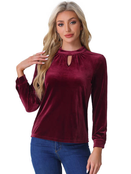 Allegra K - Stand Collar Long Sleeve Velvet Top