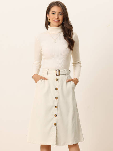 Allegra K - Button Front A-Line Belted Corduroy Skirt