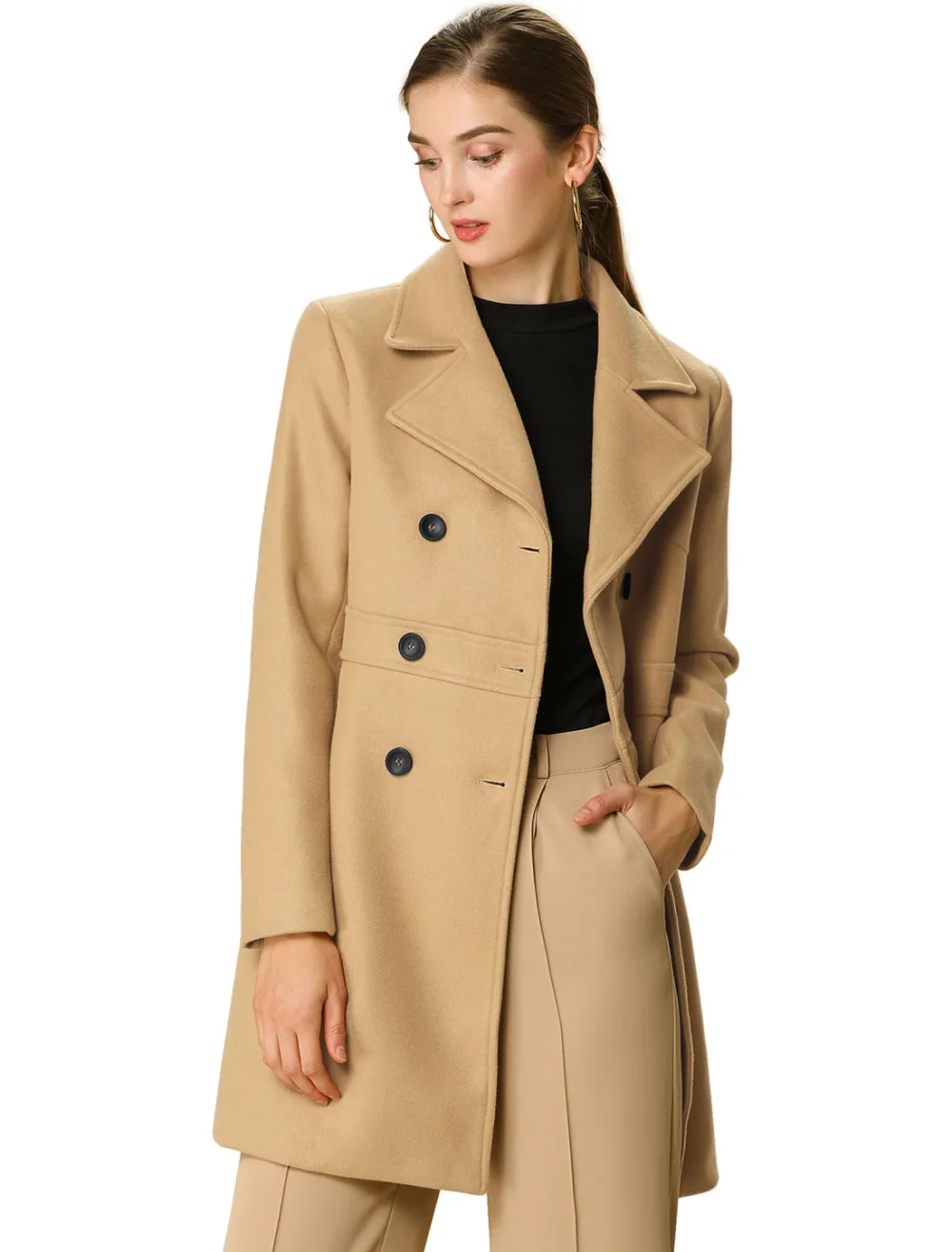 Allegra K- Notched Lapel Double Breasted Mid-Lentgh Overcoat