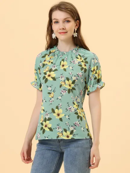 Allegra K- Floral Short Sleeve Ruffle Neck Blouse