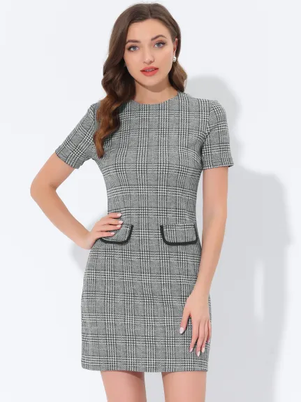 Allegra K- Short Sleeve Vintage Houndstooth Pencil Sheath Dress