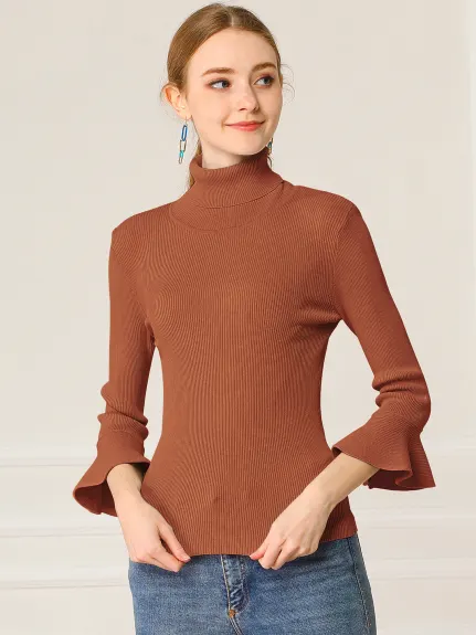 Allegra K- Pull à col roulé et manches 3/4 à volants en tricot côtelé fin