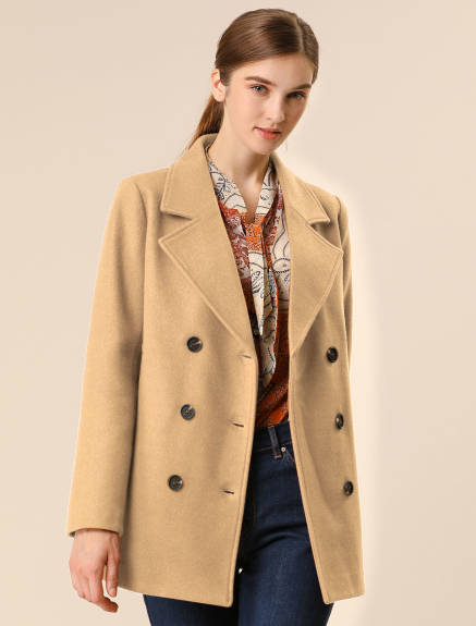 Allegra K- Notched Lapel Double-Breasted Overcoat