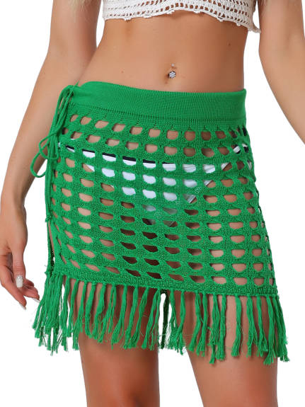 Allegra K- Crochet Tassel Mesh Cover Up Drawstring Beach Skirt