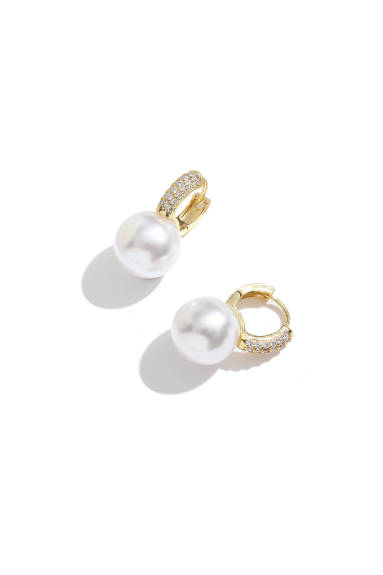 Classicharms-Gold Pearl Drop Hoop With Zirconia Embellishment Earrings