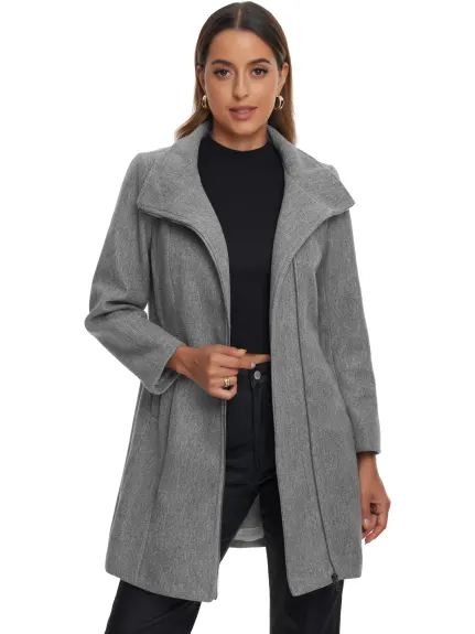 Allegra K - Stand Collar Asymmetrical Zip Up Pea Coat