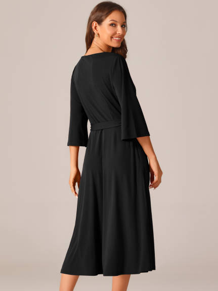 Allegra K - Elegant Crewneck Tie Waist Midi Dress