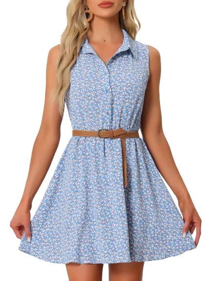 Allegra K- Printed Half Placket Sleeveless Belted Dress