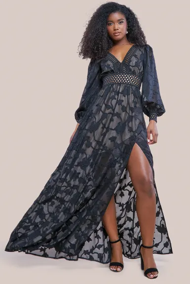 Goddiva - Jacquard Lurex Burnout Front Split Maxi Dress