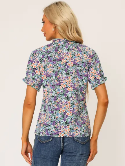 Allegra K- Floral Short Sleeve Ruffle Neck Blouse